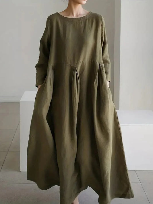 Women's Maxi Dress - Loose Fit - Long-Sleeved with Ruched Waist - Lightweight and Breathable
