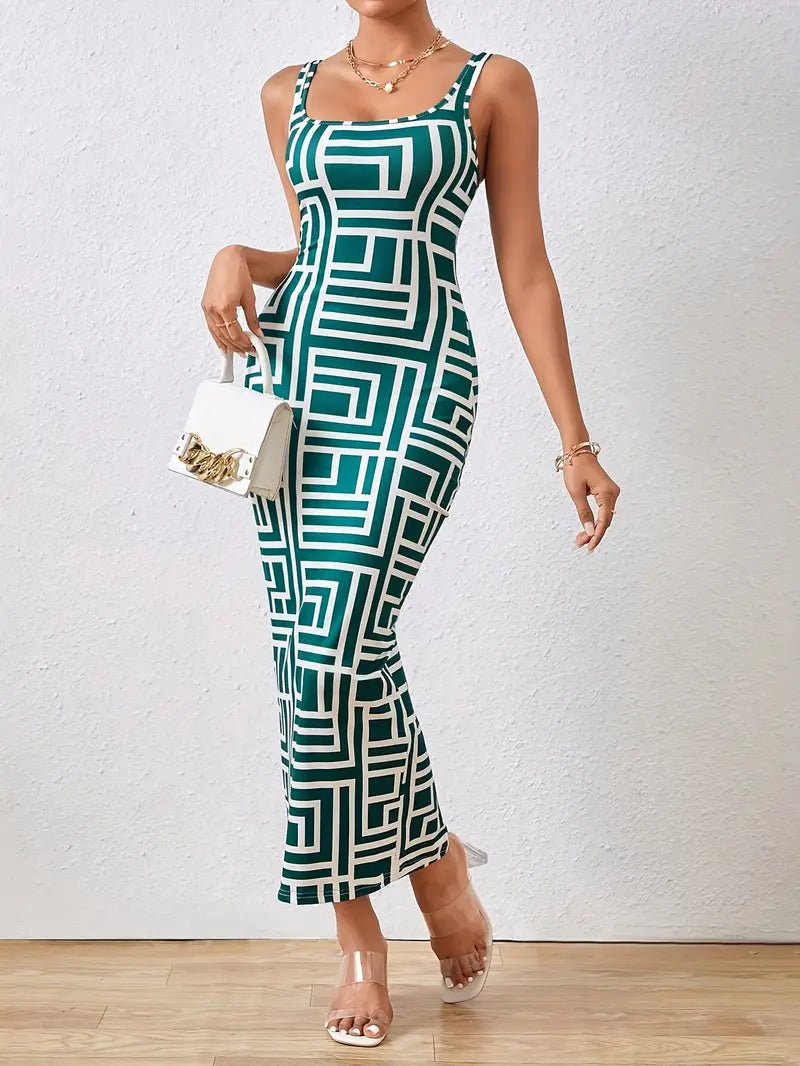 Women's Bodycon Dress - Midi Length - Geometric Pattern - Square Neckline - Thin Straps
