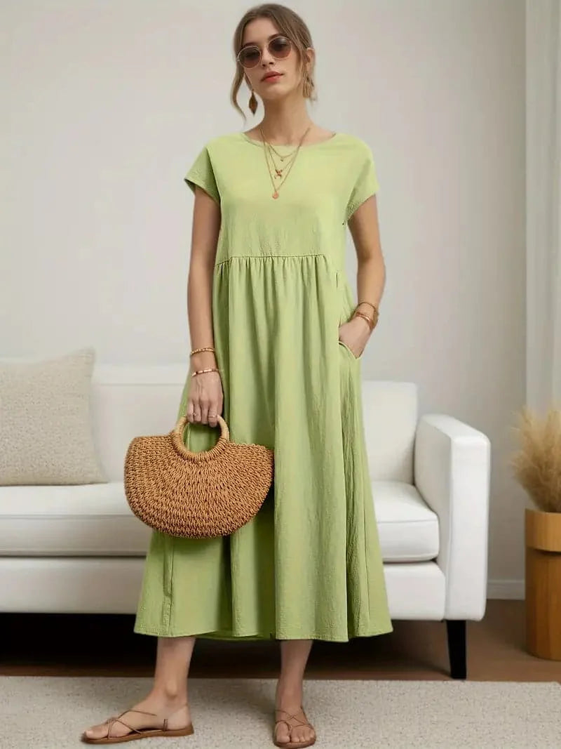 Women's Dress - A-line Fit - Short Sleeve - Round Neck - Midi Length - Lightweight and Breathable