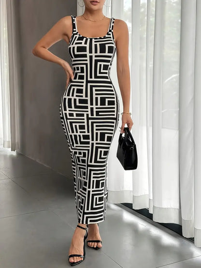 Women's Bodycon Dress - Midi Length - Geometric Pattern - Square Neckline - Thin Straps