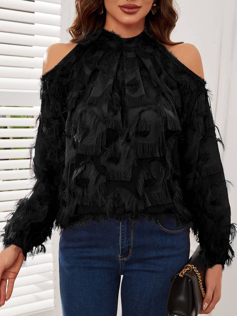 Women's Blouse - Cold Shoulder Design - High Halter Neck - Long Voluminous Sleeves - Elegant Texture