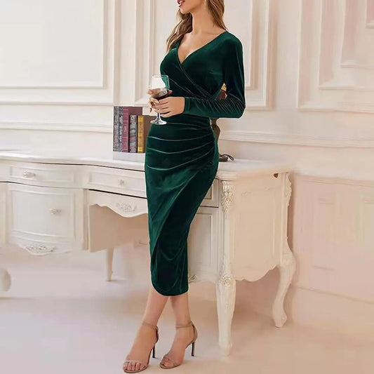 Women's Bodycon Dress - Velvet - V-neck Wrap - Long Sleeve Midi - Elegant Slim Fit
