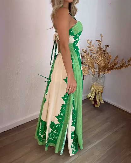 Women's Maxi Dress – Halterneck with Cross Straps – Nature-Inspired Print – Elegant Fit