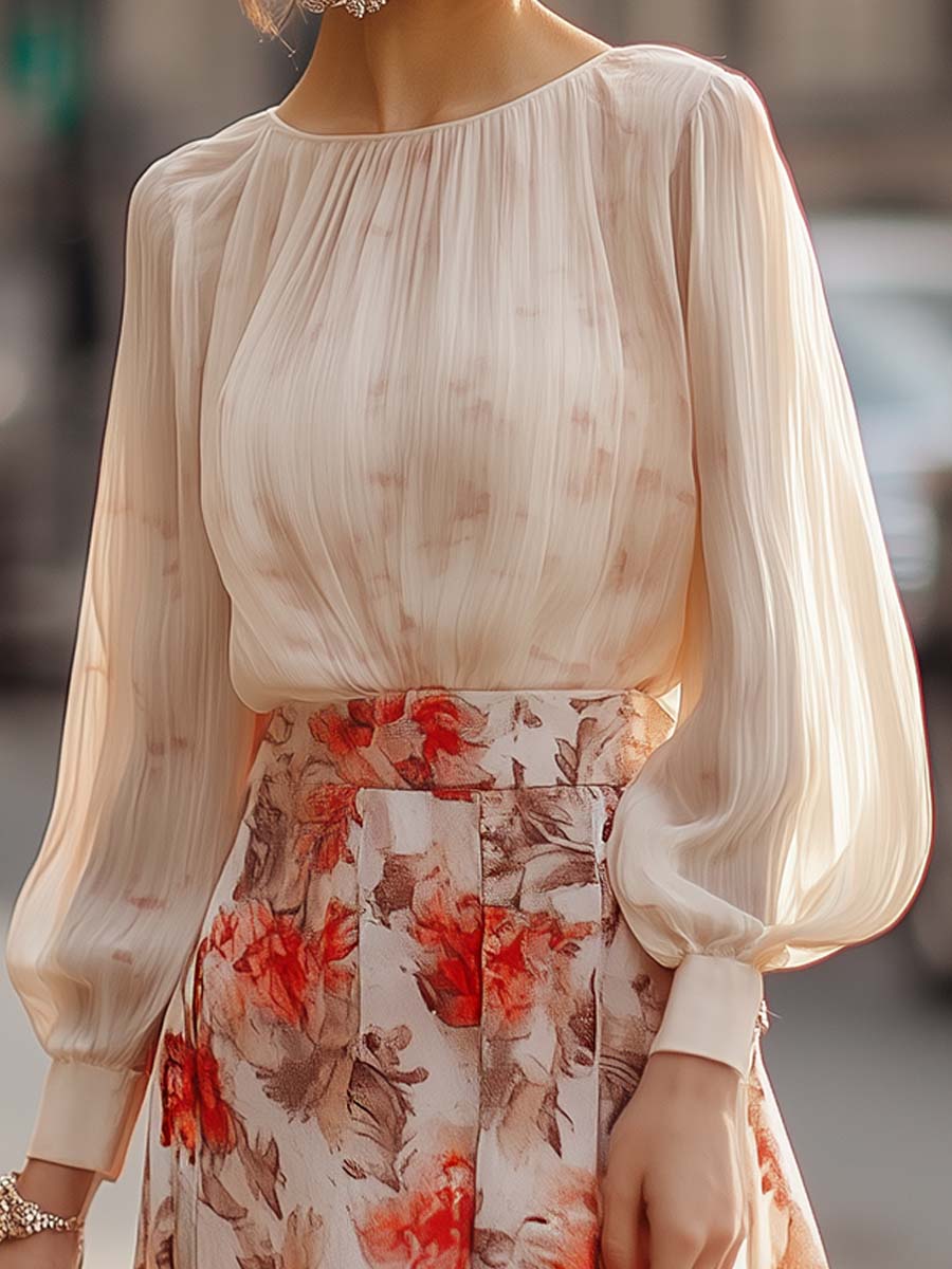 Elise - Floral Print Pleated Skirt and Blouse Set