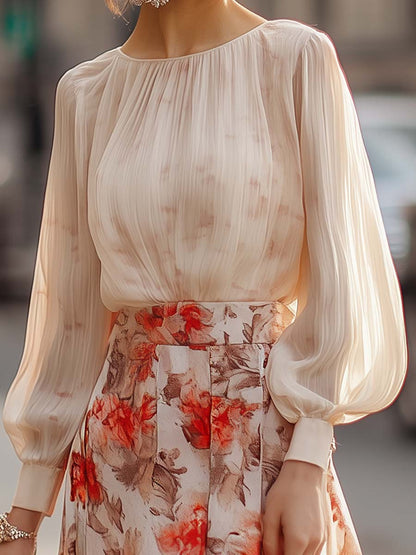 Elise - Floral Print Pleated Skirt and Blouse Set