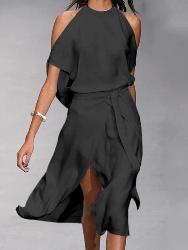 Women's Dress - Halterneck - Sleeveless - Flowy Fit - High Slit Elegant Design