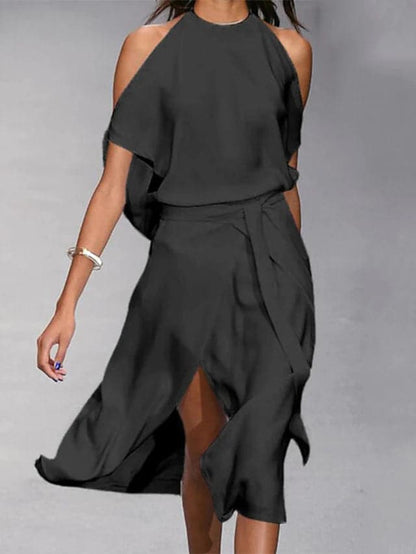 Women's Dress - Halterneck - Sleeveless - Flowy Fit - High Slit Elegant Design