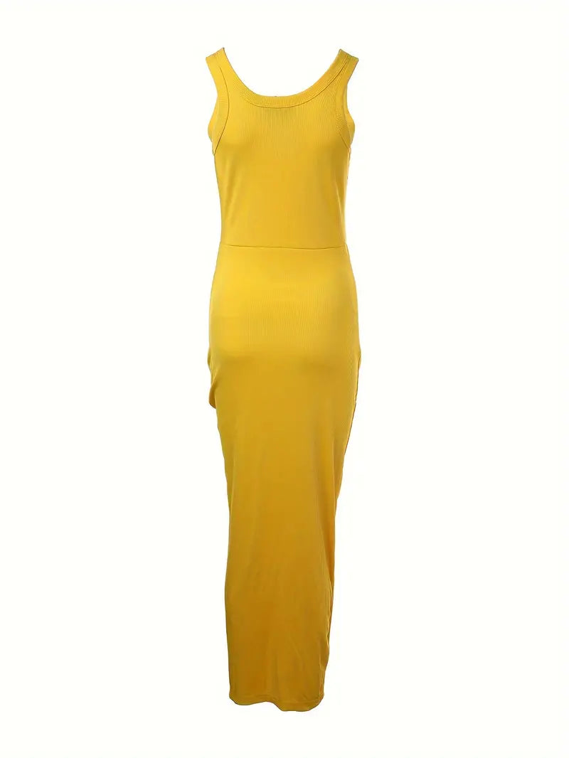 Women's Dress - Sleeveless Bodycon - Slit & Ruched Details - Elegant & Light