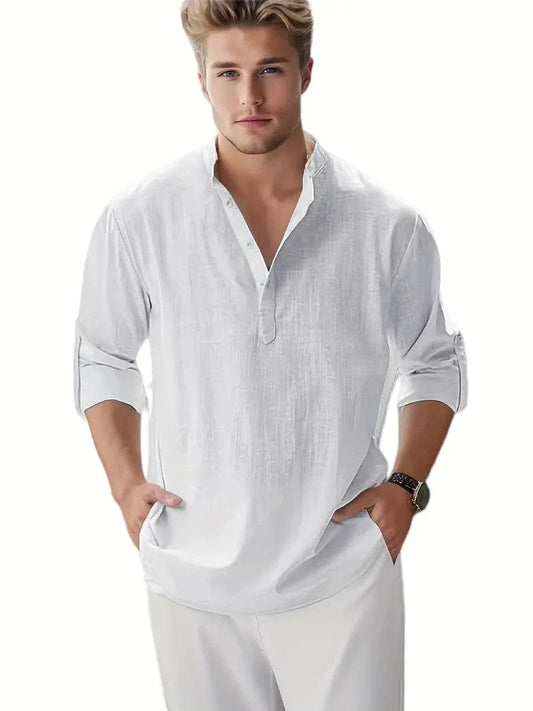 Men's Shirt - Lightweight Fabric - Relaxed Fit - Henley Collar - Long Sleeves