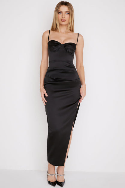 Dress for Women – Satin – Fitted Fit – Spaghetti Strap – Slit and Pleated Detail