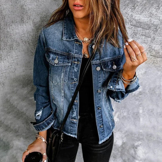Women's Denim Jacket - Regular Fit - Button Closure & Chest Pockets - Classic Collar