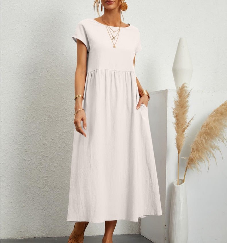 Women's Maxi Dress - Loose-Fitting A-Line - Round Neck - Short Sleeves - Light and Comfortable