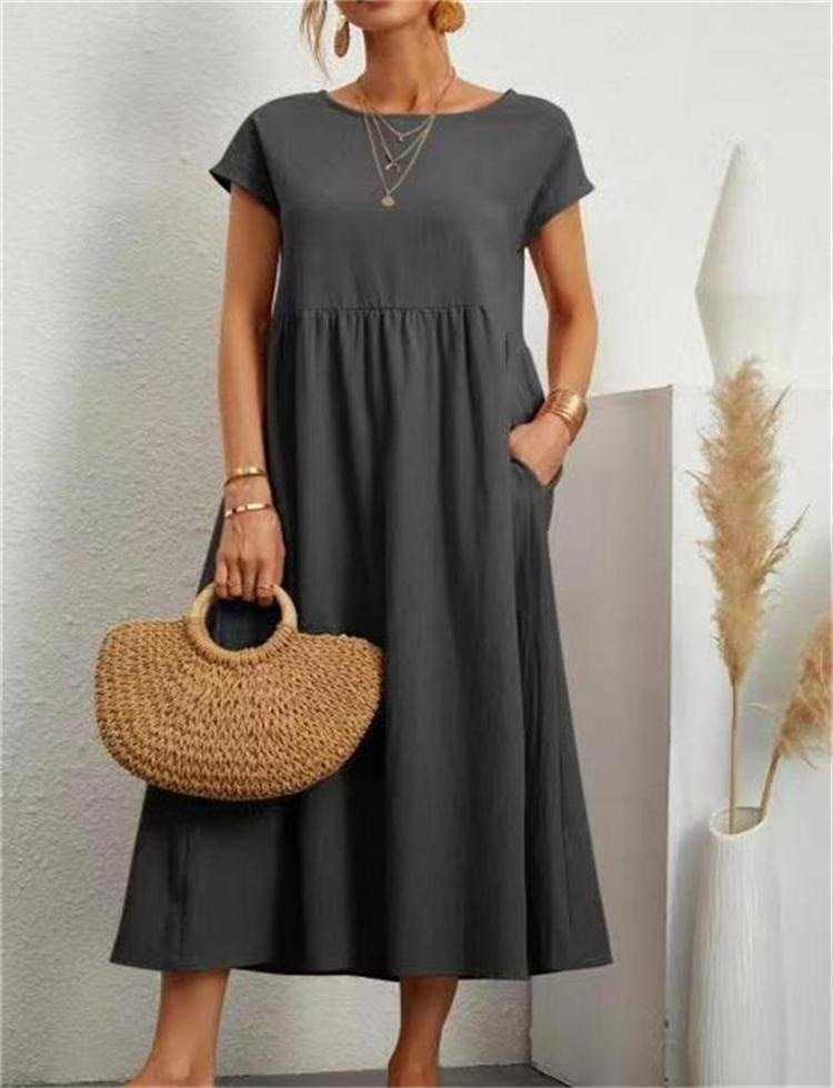 Women's Maxi Dress - Loose-Fitting A-Line - Round Neck - Short Sleeves - Light and Comfortable