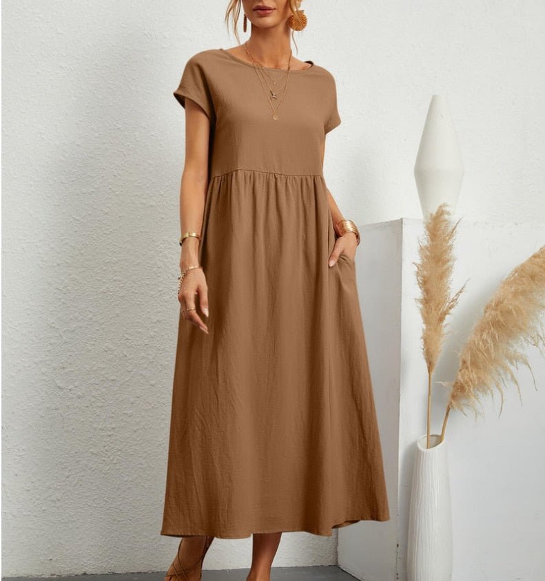 Women's Maxi Dress - Loose-Fitting A-Line - Round Neck - Short Sleeves - Light and Comfortable