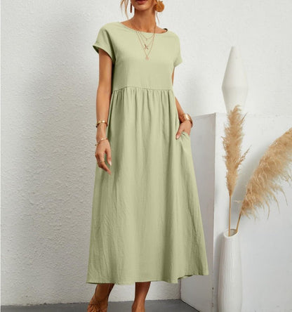 Women's Maxi Dress - Loose-Fitting A-Line - Round Neck - Short Sleeves - Light and Comfortable