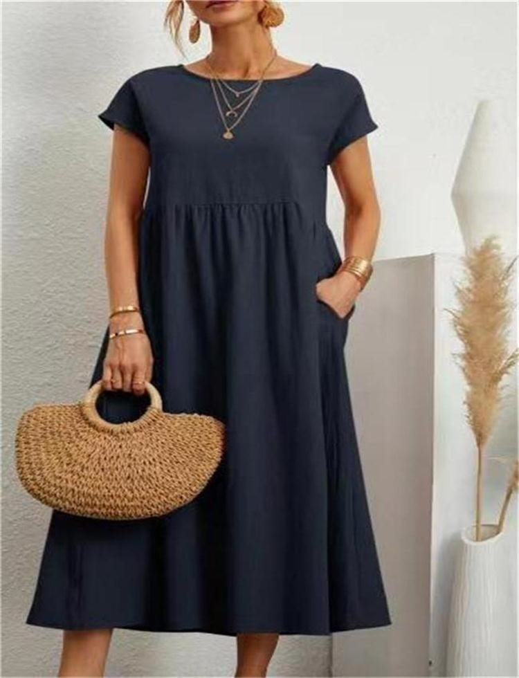 Women's Maxi Dress - Loose-Fitting A-Line - Round Neck - Short Sleeves - Light and Comfortable