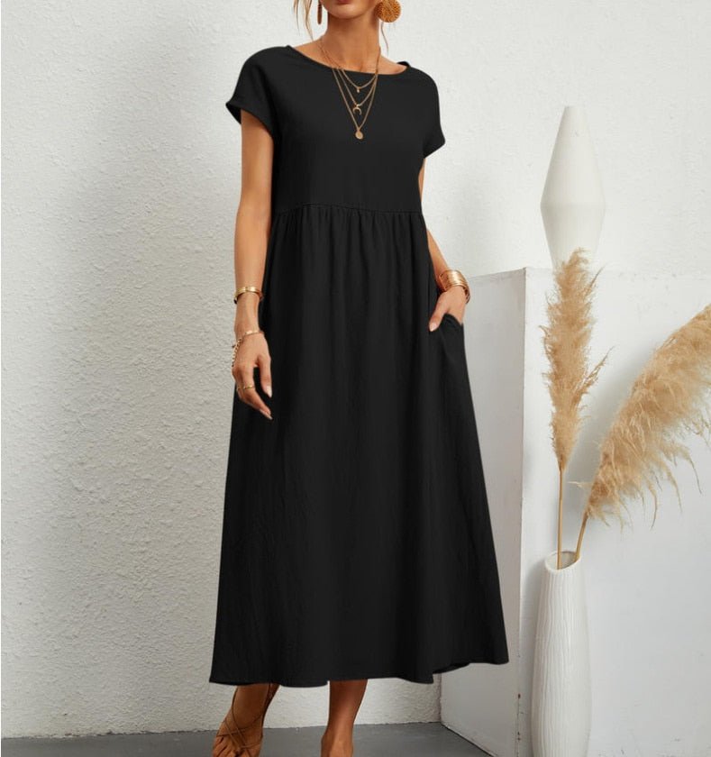 Women's Maxi Dress - Loose-Fitting A-Line - Round Neck - Short Sleeves - Light and Comfortable