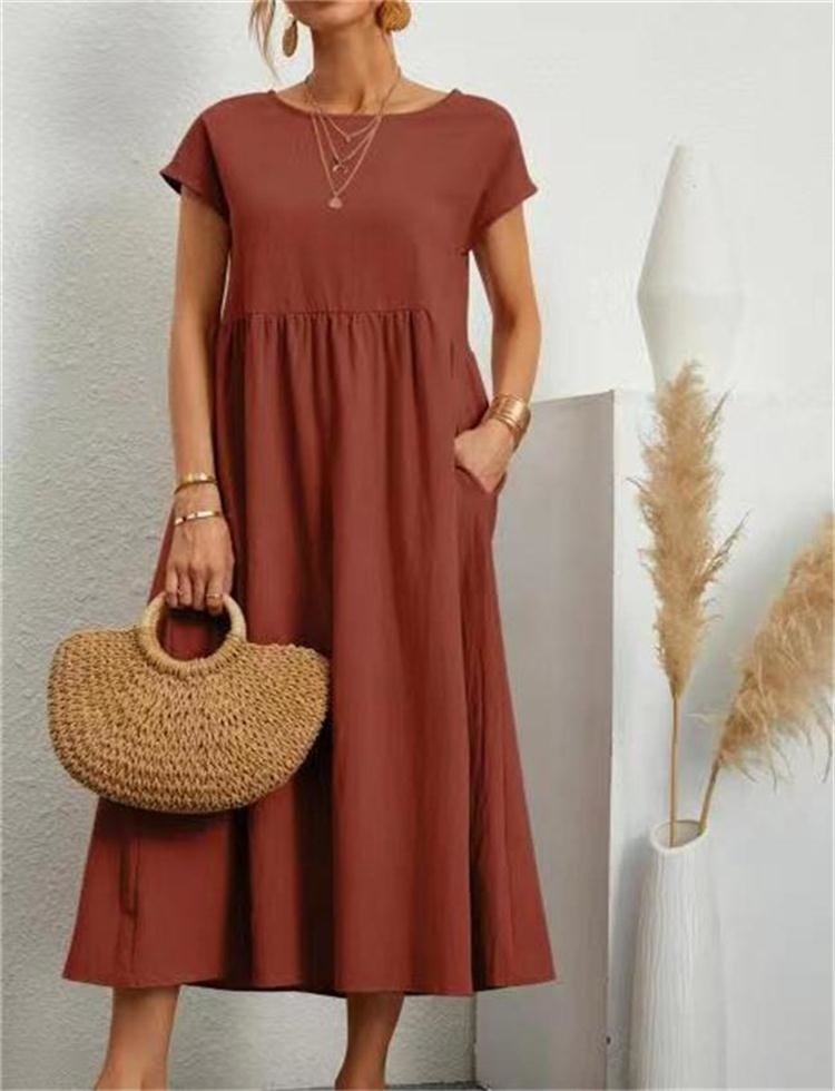 Women's Maxi Dress - Loose-Fitting A-Line - Round Neck - Short Sleeves - Light and Comfortable