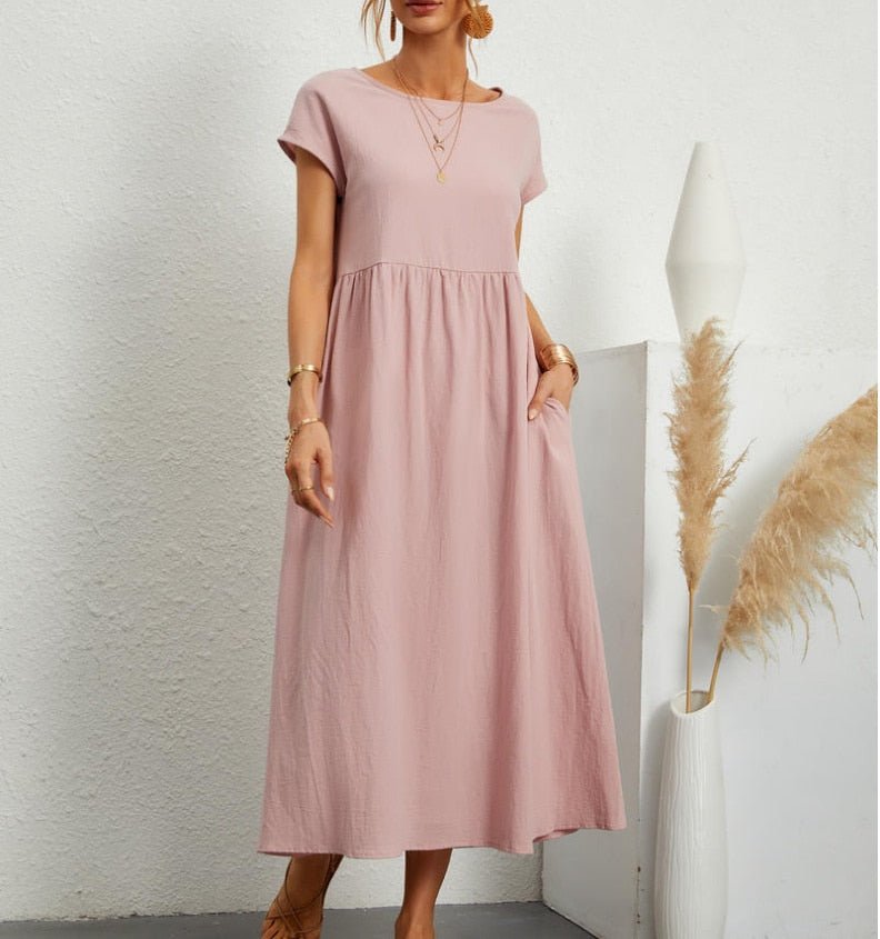Women's Maxi Dress - Loose-Fitting A-Line - Round Neck - Short Sleeves - Light and Comfortable