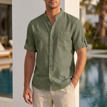 Relaxed Fit Short Sleeve Band Collar Shirt for Men – Casual Stylish Comfort