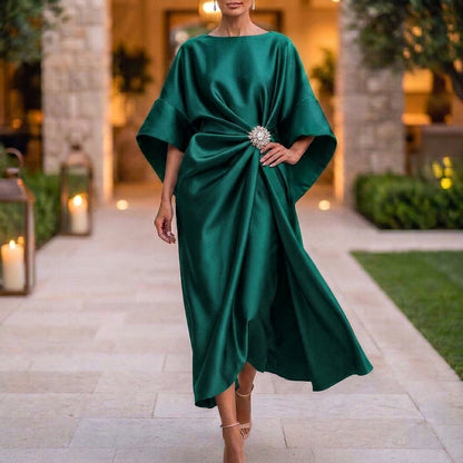 Shimmer Draped Ankle-Length Long Dress for Women – Elegant Evening Style