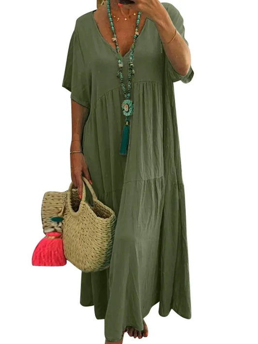 Laurence - Women's Boho Maxi Dress – V-neck, Loose Fit