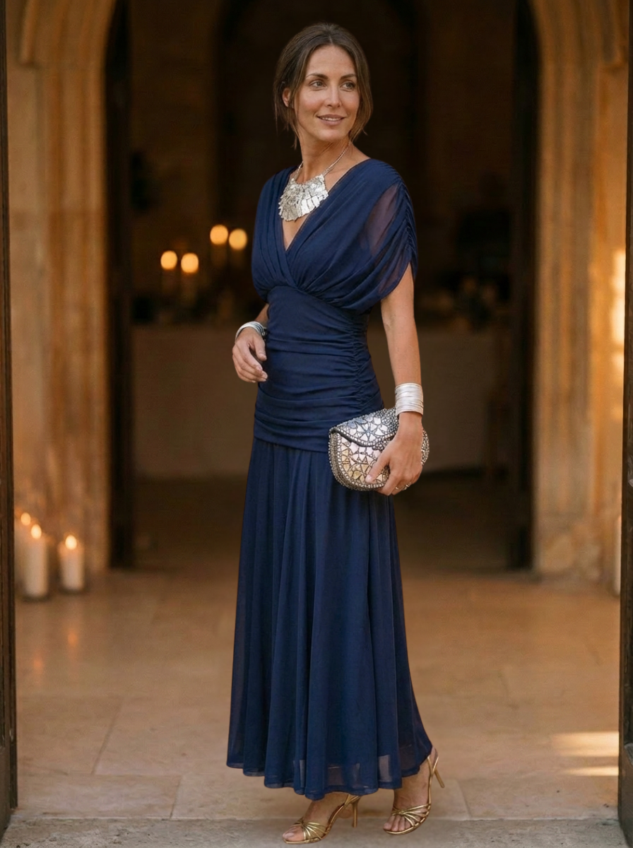 Off-Shoulder Evening Midi Dress for Women – Elegant Grace & Timeless Style