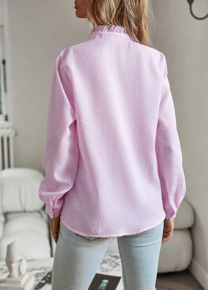 Women's Blouse - Light Crinkle Effect - Button Closure with Ruffle Details - Long-Sleeved Loose Fit