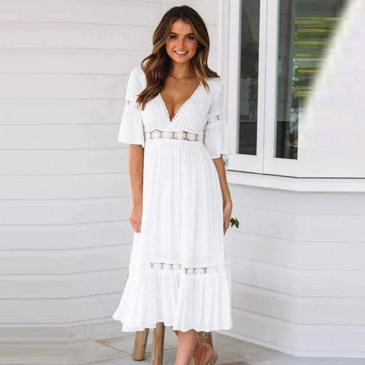 Women's Dress - Midi Length - V-neck - Ruffle Sleeves & Lace - Elegant & Airy