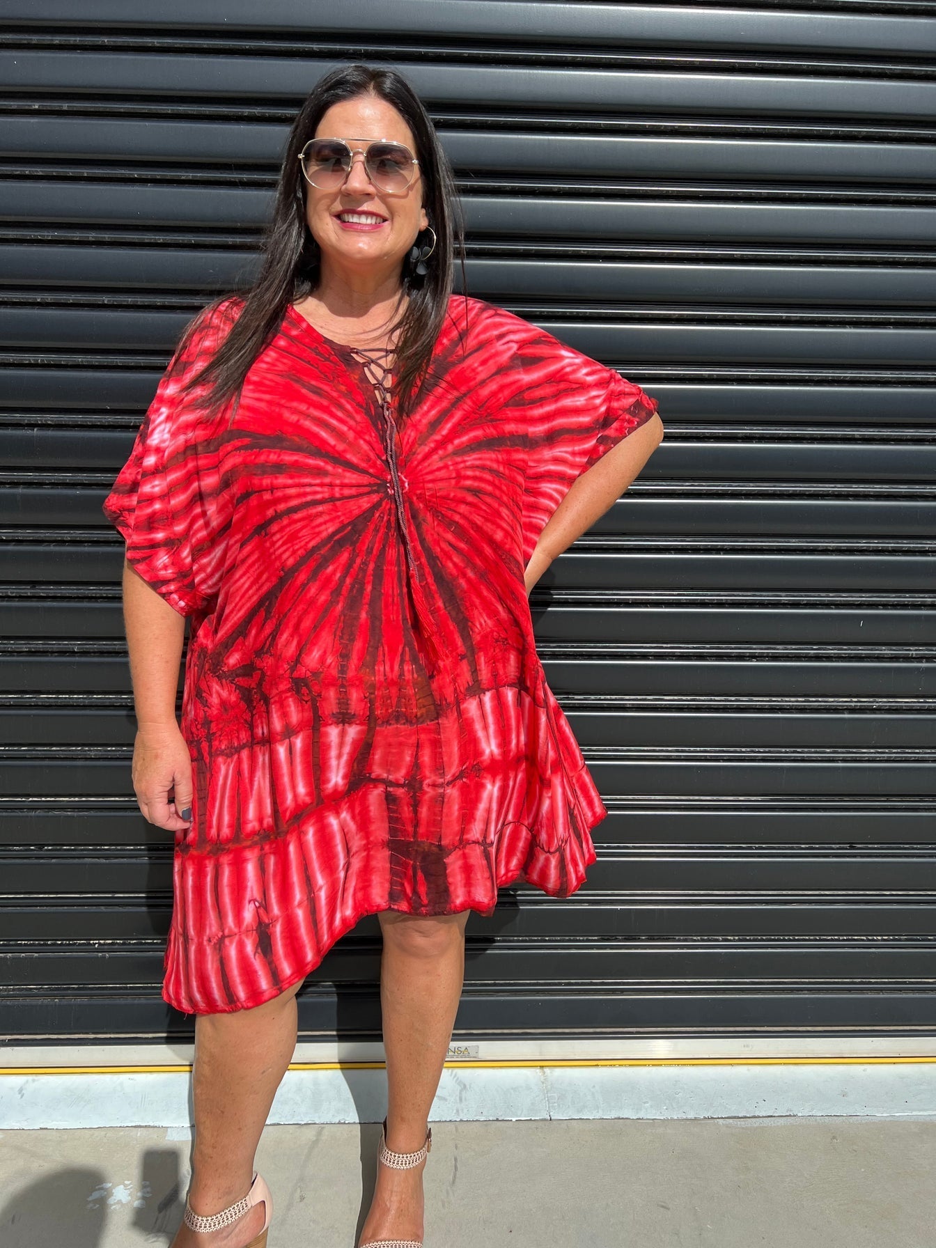 Women's Caftan Dress - Loose Fit - Short Sleeves - Soft and Light - Drawstring Neckline