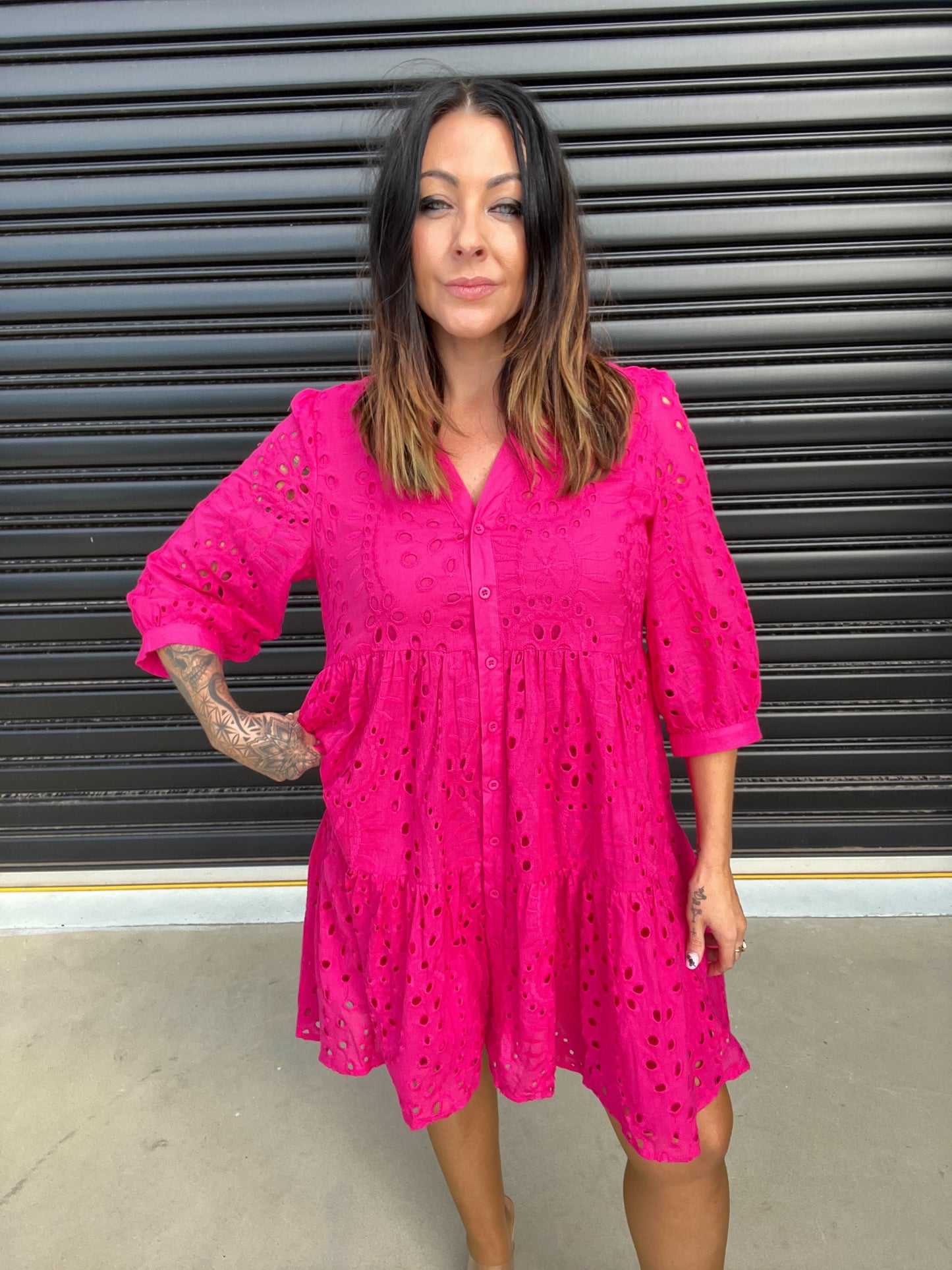Women's Dress - A-line Loose Fit - 3/4 Sleeves - Button Closure & Broderie Anglaise