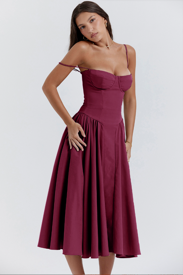 Dress for Women – Midi Length – Corset Top – A-Line – Spaghetti Straps – Lightweight Fabric