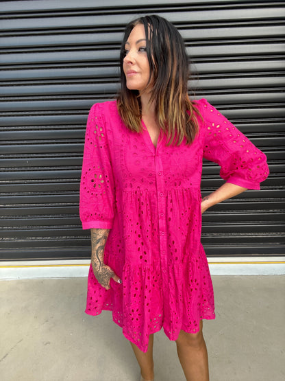 Women's Dress - A-line Loose Fit - 3/4 Sleeves - Button Closure & Broderie Anglaise