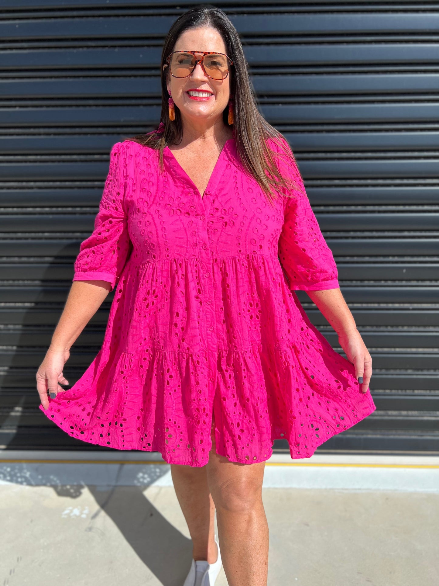 Women's Dress - A-line Loose Fit - 3/4 Sleeves - Button Closure & Broderie Anglaise