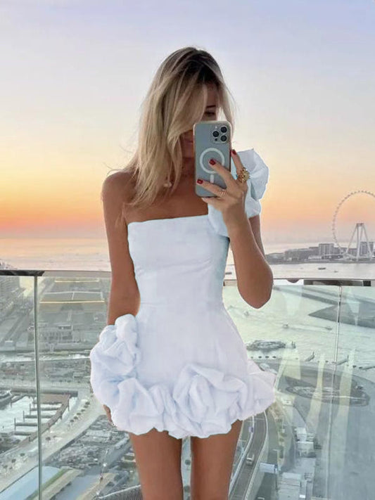 Dress for Women – Mini – Slim Fit – Satin Look – One Shoulder with Ruffle Details