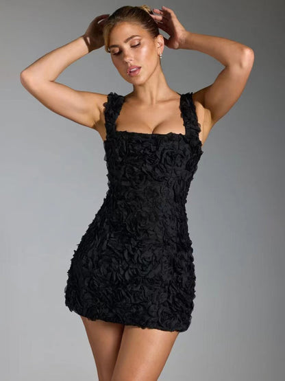 Dress for Women – Fitted Mini Length – 3D Flower Appliqué – Straight Neckline