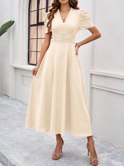 Dress for women – V-neck – Puff sleeves – A-line – Fitted waist – Mid-length