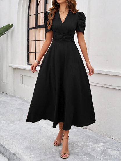 Dress for women – V-neck – Puff sleeves – A-line – Fitted waist – Mid-length
