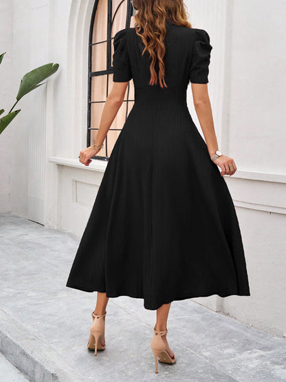 Dress for women – V-neck – Puff sleeves – A-line – Fitted waist – Mid-length