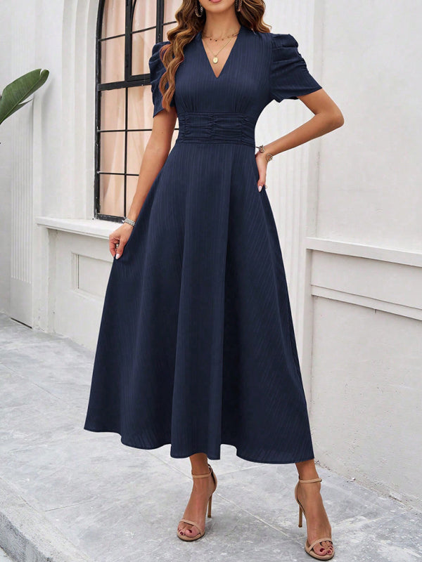 Dress for women – V-neck – Puff sleeves – A-line – Fitted waist – Mid-length