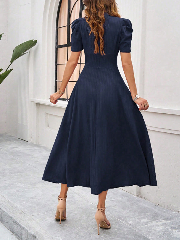 Dress for women – V-neck – Puff sleeves – A-line – Fitted waist – Mid-length
