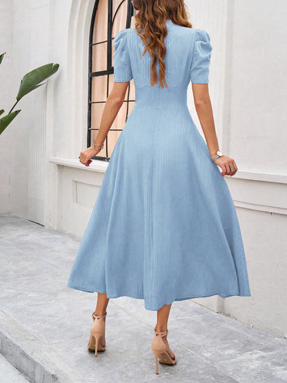 Dress for women – V-neck – Puff sleeves – A-line – Fitted waist – Mid-length