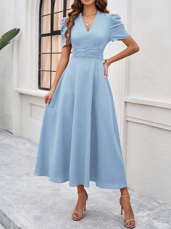 Dress for women – V-neck – Puff sleeves – A-line – Fitted waist – Mid-length
