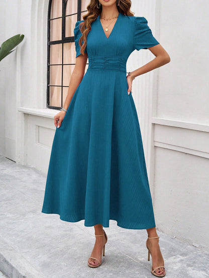 Dress for women – V-neck – Puff sleeves – A-line – Fitted waist – Mid-length