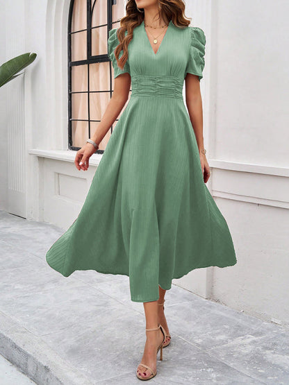 Dress for women – V-neck – Puff sleeves – A-line – Fitted waist – Mid-length