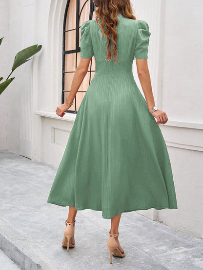 Dress for women – V-neck – Puff sleeves – A-line – Fitted waist – Mid-length