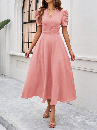Dress for women – V-neck – Puff sleeves – A-line – Fitted waist – Mid-length