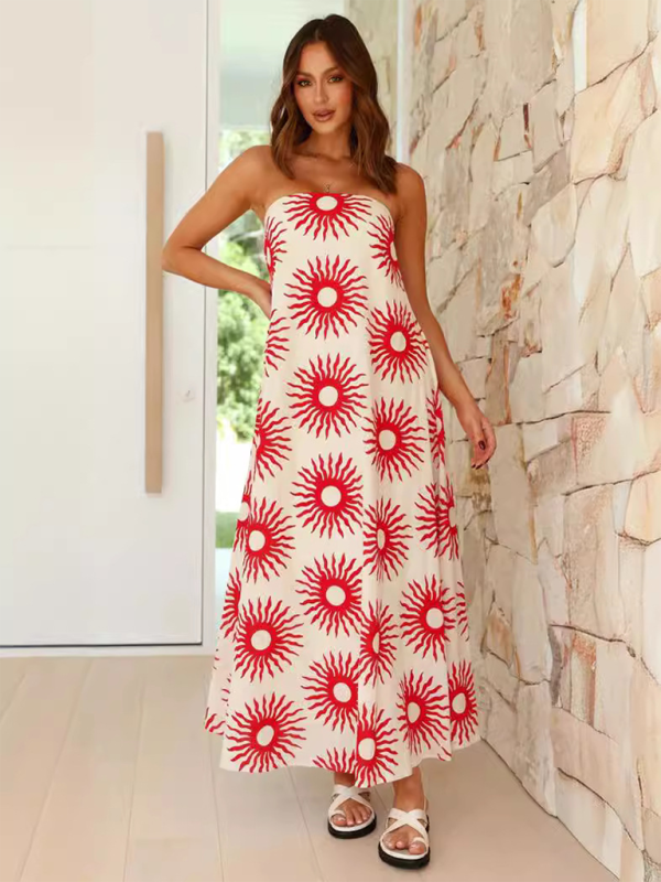 Strapless Maxi Dress - Light And Breathable Fabric - Loose Fit - Elegant Patterns