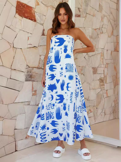 Strapless Maxi Dress - Light And Breathable Fabric - Loose Fit - Elegant Patterns