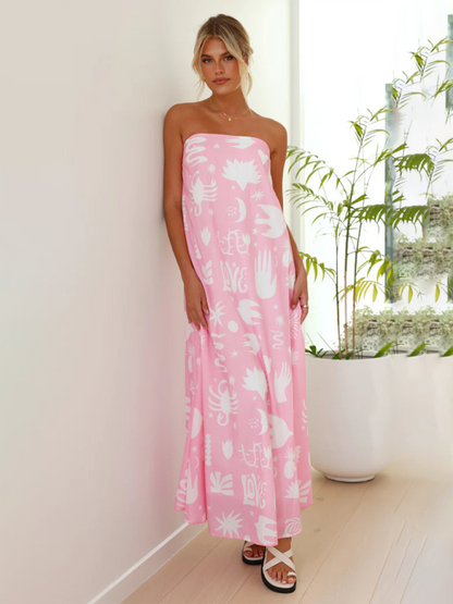 Strapless Maxi Dress - Light And Breathable Fabric - Loose Fit - Elegant Patterns